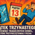 Ilustracja przedstawiająca pechowe symbole związane z piątkiem trzynastego: przestraszony czarny kot, rozbite lustro, kalendarz z datą „Piątek 13”, mężczyzna poślizgujący się na skórce od banana; całość na dynamicznym, kolorowym tle w odcieniach czerwieni, żółci i pomarańczu.