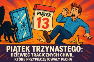 Ilustracja przedstawiająca pechowe symbole związane z piątkiem trzynastego: przestraszony czarny kot, rozbite lustro, kalendarz z datą „Piątek 13”, mężczyzna poślizgujący się na skórce od banana; całość na dynamicznym, kolorowym tle w odcieniach czerwieni, żółci i pomarańczu.