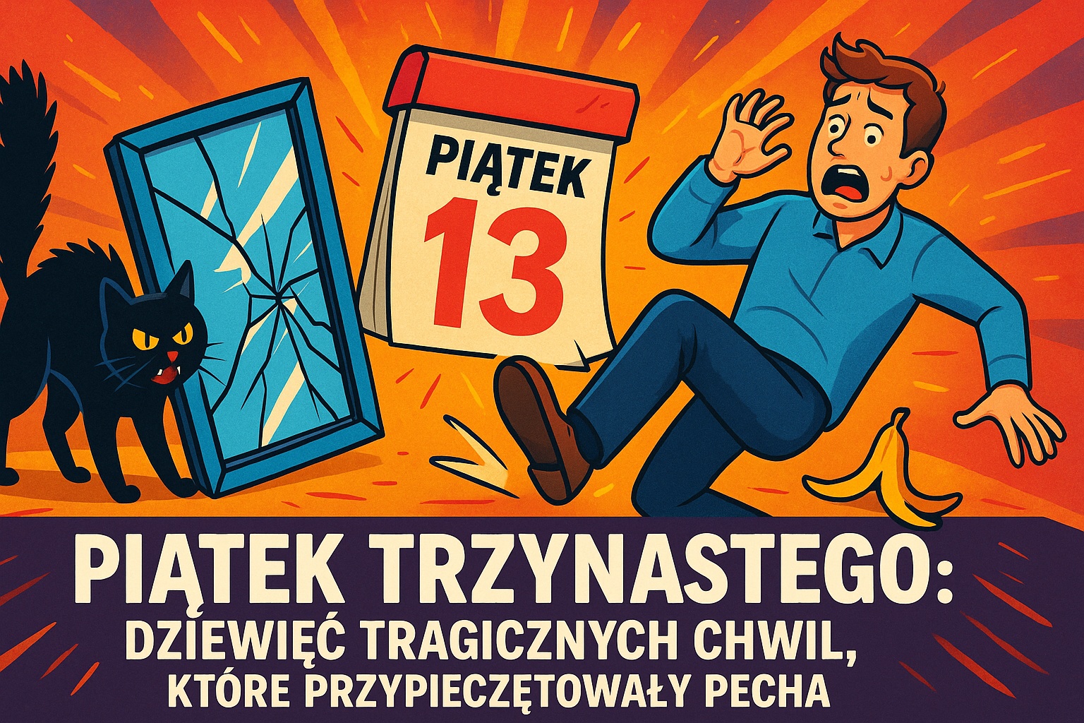 Ilustracja przedstawiająca pechowe symbole związane z piątkiem trzynastego: przestraszony czarny kot, rozbite lustro, kalendarz z datą „Piątek 13”, mężczyzna poślizgujący się na skórce od banana; całość na dynamicznym, kolorowym tle w odcieniach czerwieni, żółci i pomarańczu.