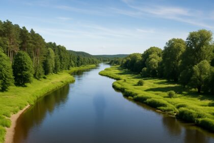 Szeroka, malownicza rzeka Brda wijąca się wśród zielonych lasów i łąk, pod błękitnym, słonecznym niebem — widok z lotu ptaka, jasna i majestatyczna sceneria Kujaw i Pomorza.