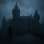 Zamek nocą spowity mgłą, przed wejściem zarys postaci przypominającej ducha; nastrojowa scena przywołująca polskie legendy o zjawach.