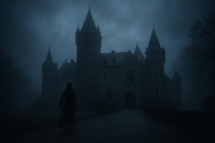 Zamek nocą spowity mgłą, przed wejściem zarys postaci przypominającej ducha; nastrojowa scena przywołująca polskie legendy o zjawach.