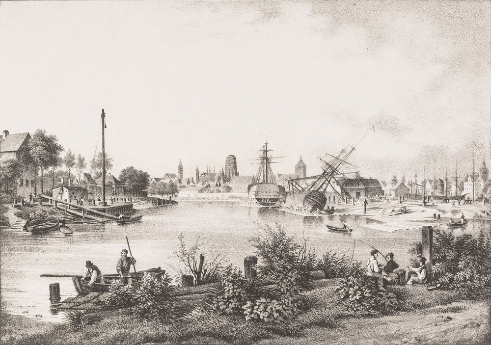 Widok na stocznię przy Kanale na Stępce, ok. 1840 r., Friedrich Eduard Meyerheim (ze zbiorów Muzeum Gdańska)