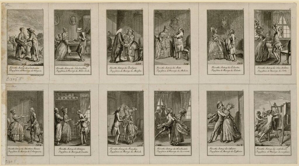 3. Daniel Chodowiecki, Seria dwunastu rycin prezentujących oświadczyny do kieszonkowego kalendarza, 1780